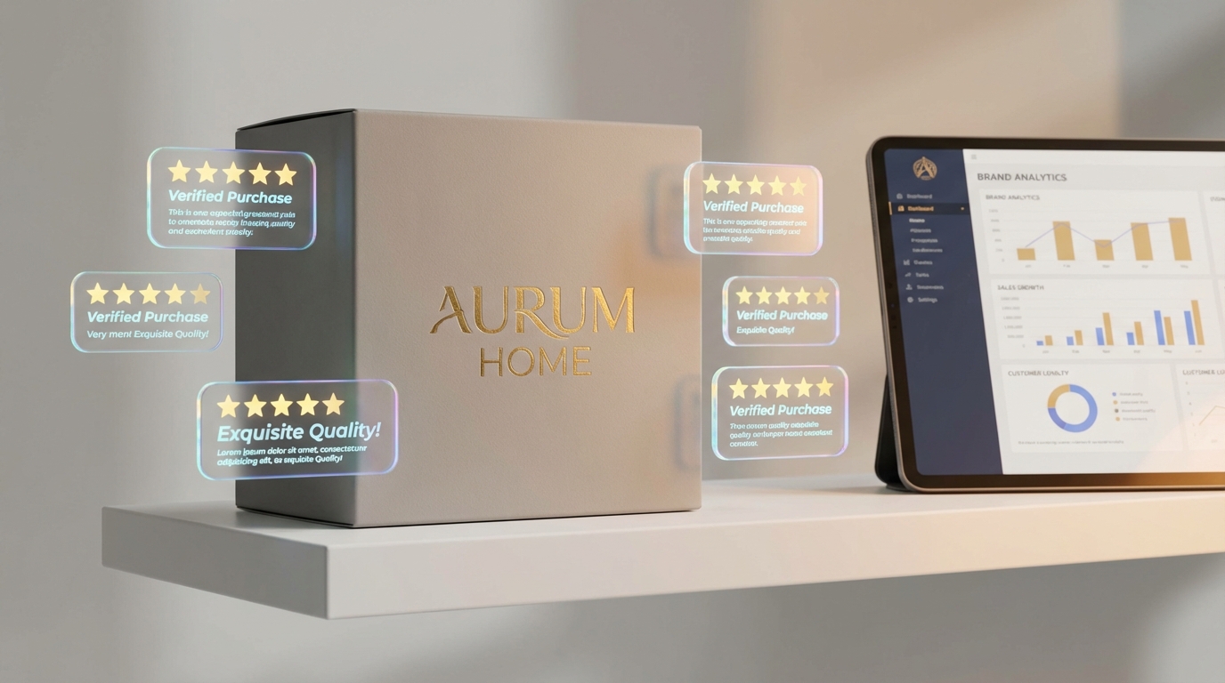 Premium private label product packaging on a minimalist shelf with five-star reviews and a brand analytics dashboard