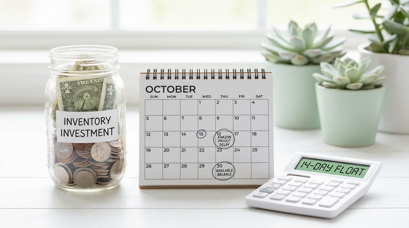 Amazon seller cash flow management with coins and inventory investment next to a payout delay calendar