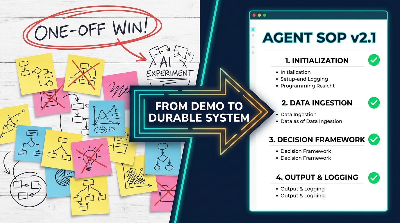 Split-screen showing a chaotic whiteboard of one-off AI agent wins on the left and a clean, structured Agent SOP v2.1 document on the right, with an arrow labeled 'FROM DEMO TO DURABLE SYSTEM'