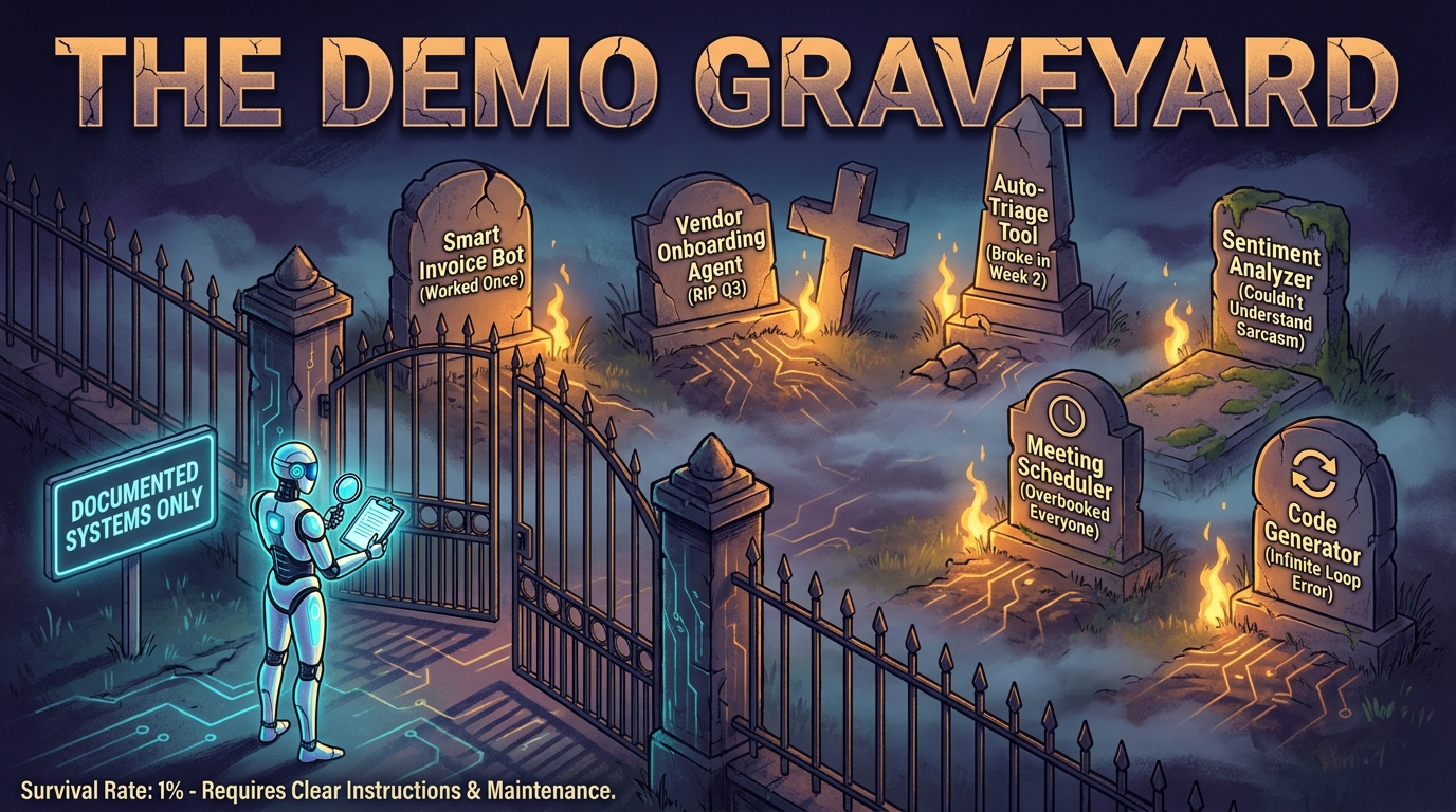 The Demo Graveyard — tombstones labeled with failed AI agent projects including Smart Invoice Bot and Vendor Onboarding Agent, with one surviving documented system standing outside the gates