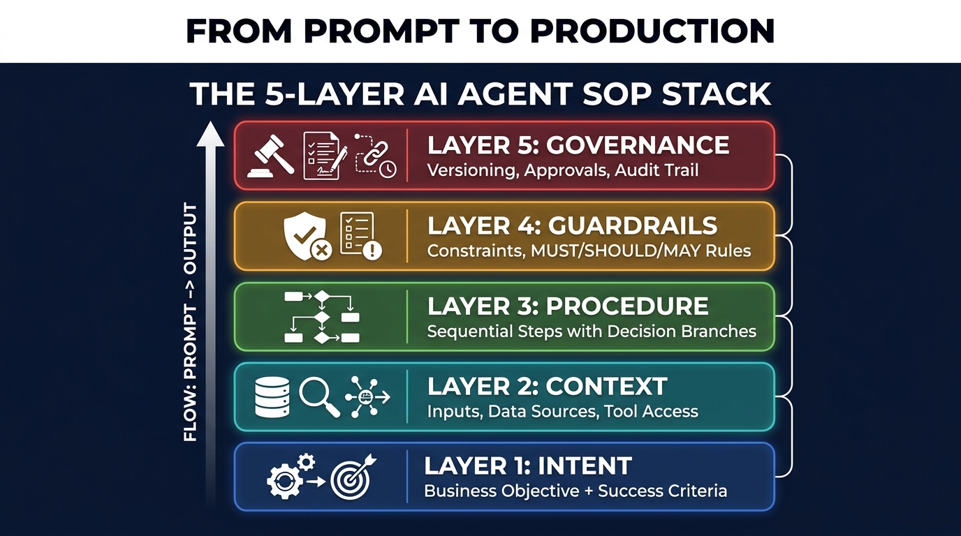The 5-Layer AI Agent SOP Stack architectural diagram showing Intent, Context, Procedure, Guardrails, and Governance layers stacked from bottom to top