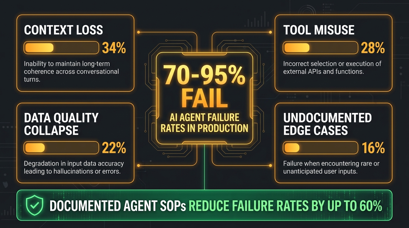 Dashboard infographic showing AI agent failure rates in production at 70-95%, with breakdown of failure causes including context loss, tool misuse, and data quality collapse