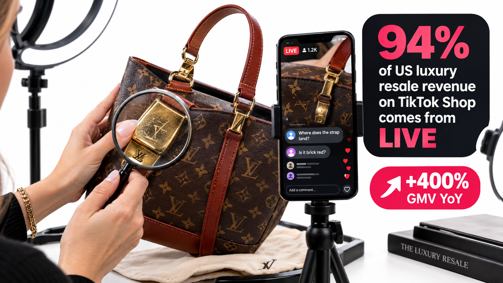 Luxury handbag livestream on TikTok Shop with shopper chat questions, noting that 94% of US luxury resale revenue comes from LIVE and GMV grew 400% year over year