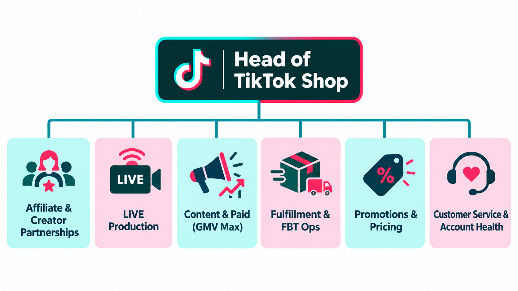 Org chart showing the Head of TikTok Shop function with teams for affiliate and creator partnerships, LIVE production, content and paid, fulfillment and FBT ops, promotions and pricing, and customer service and account health