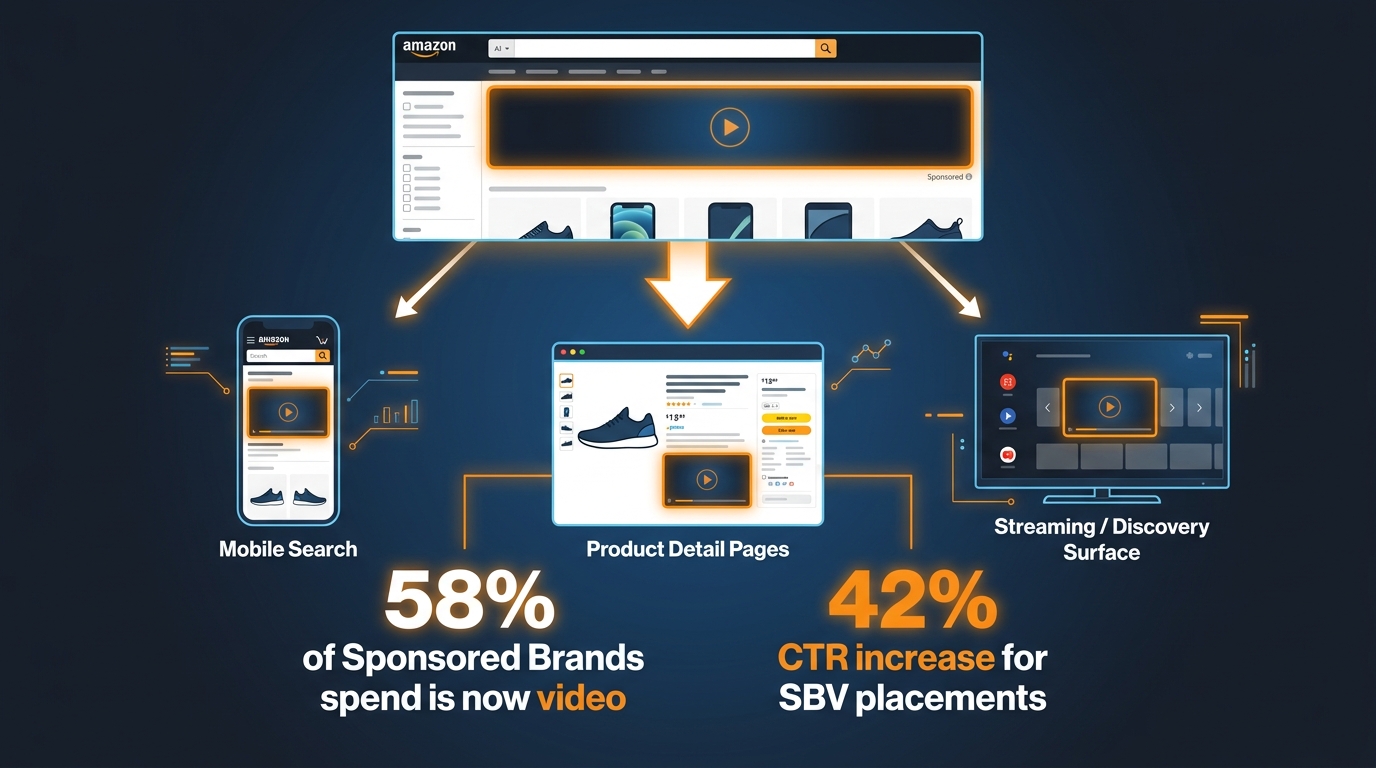 Amazon Sponsored Brands Video placement expansion showing 58% of Sponsored Brands spend is now video with 42% CTR increase