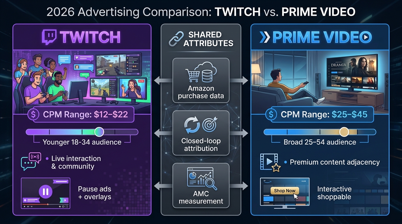Twitch vs Prime Video advertising comparison showing CPM ranges, audience demographics, and shared Amazon measurement capabilities