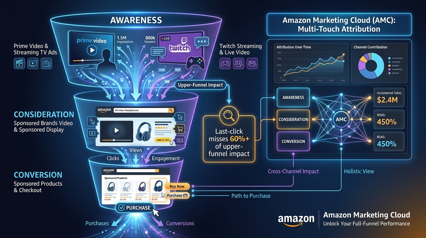 Amazon Marketing Cloud full-funnel attribution connecting Prime Video awareness through SBV consideration to Sponsored Products conversion