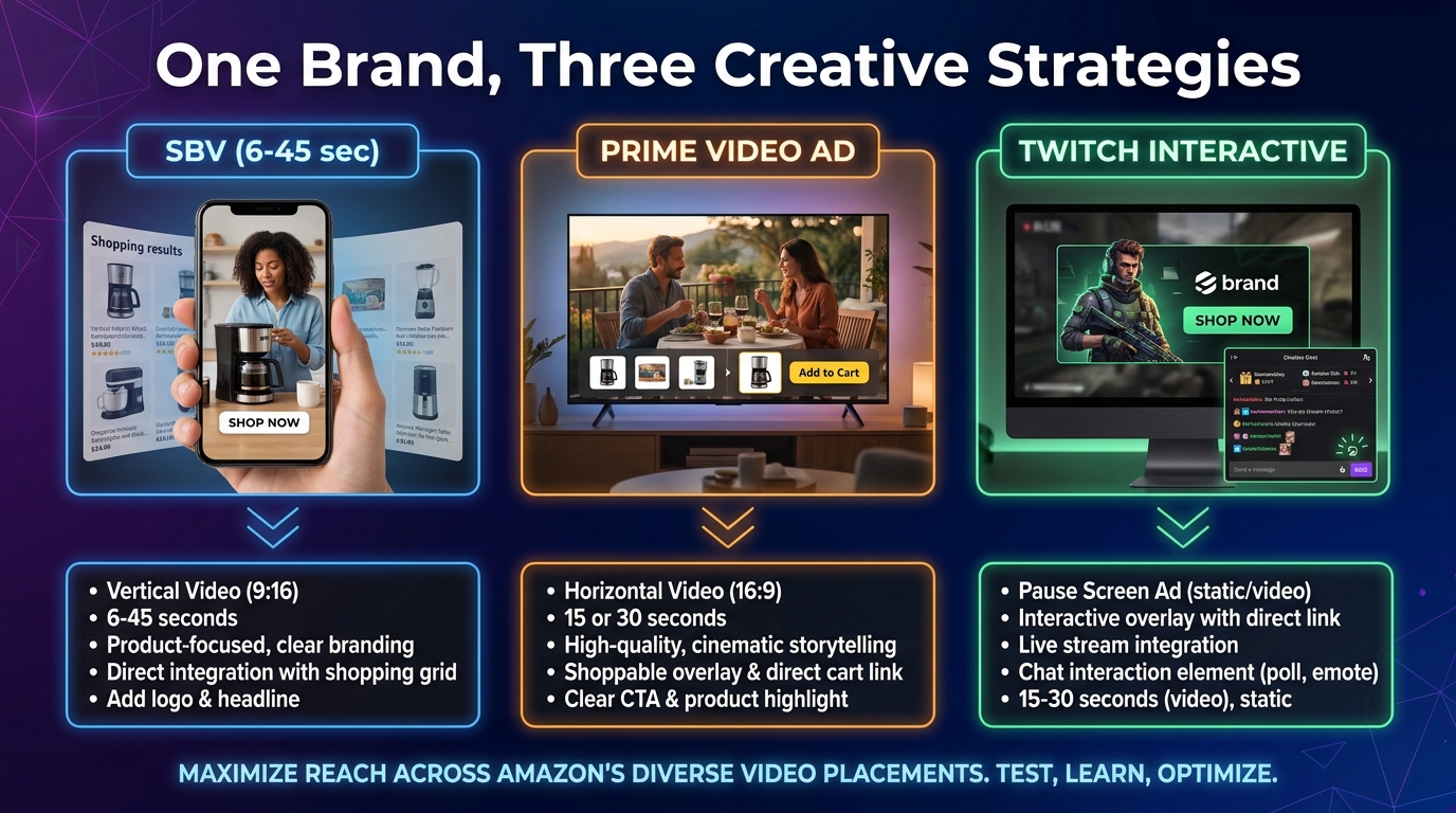 Three different creative strategies required for SBV search ads, Prime Video shoppable ads, and Twitch interactive ads