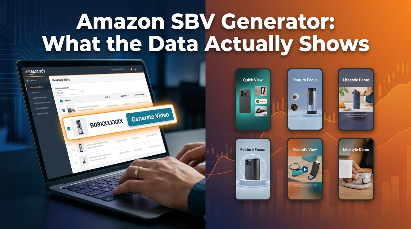 Amazon SBV Video Generator workflow showing ASIN selection and six AI-generated video variants in the Amazon Ads console