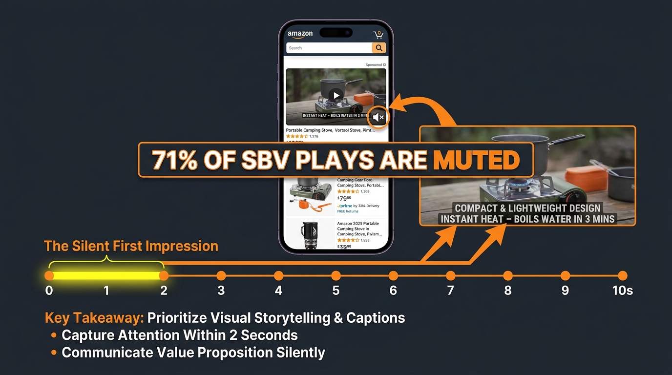 Smartphone showing Amazon search results with muted SBV ad playing, stat overlay showing 71% of SBV plays are muted in 2026