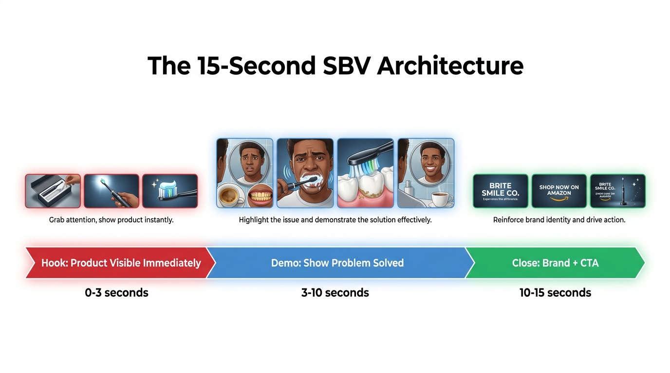 Diagram showing the ideal 15-second Amazon SBV video structure divided into three phases: Hook (0-3s), Demo (3-10s), and Close with CTA (10-15s)