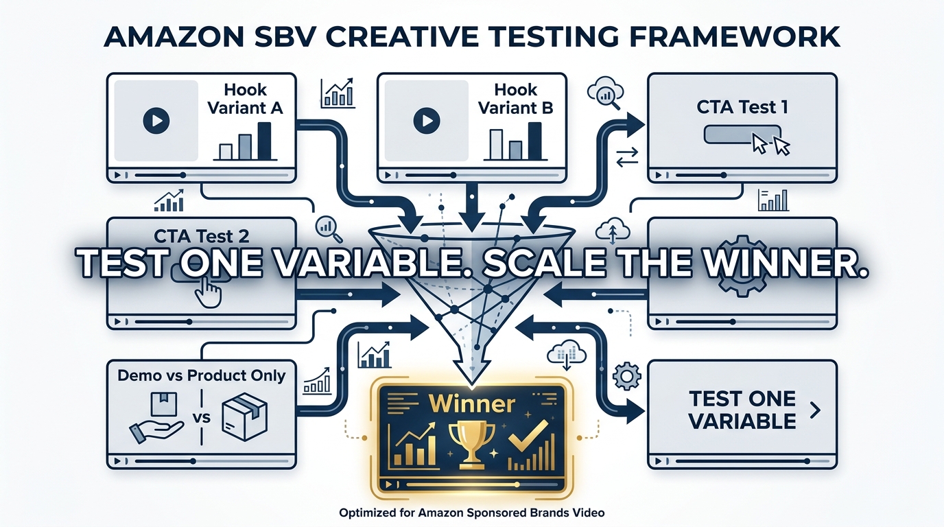 A/B testing framework showing six SBV video variants being tested and funneled down to one winning creative