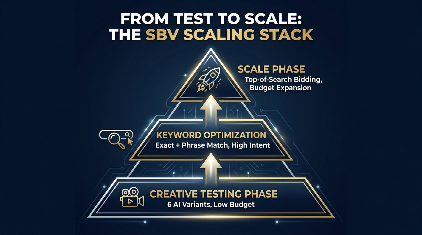 SBV campaign scaling stack pyramid diagram showing Creative Testing at base, Keyword Optimization in middle, and Scale Phase at top