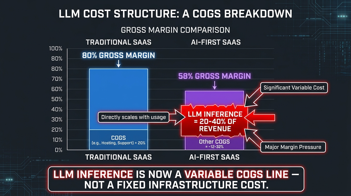 Bar chart comparing Traditional SaaS 80% gross margin vs AI-First SaaS 58% gross margin, showing LLM inference consuming 20-40% of revenue as variable COGS
