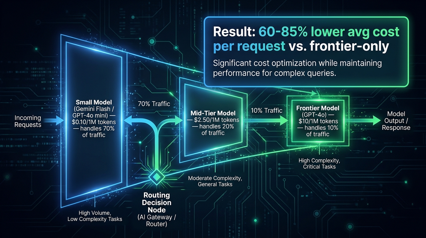 Three-tier model routing architecture diagram showing 70% of traffic handled by cheap small models, 20% by mid-tier, and 10% by frontier models, achieving 60-85% lower average cost per request