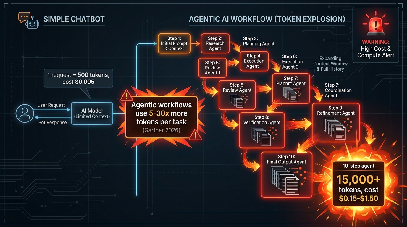 Diagram showing agentic token explosion: simple chatbot uses 500 tokens while a 10-step agent workflow uses 15,000 tokens, with Gartner 2026 data showing 5-30x token multiplier