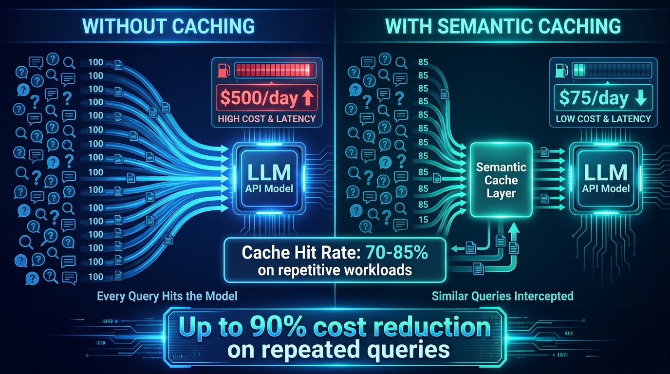 Split infographic comparing LLM costs without caching at $500 per day versus with semantic caching at $75 per day, showing 85% cache hit rate on repetitive query patterns