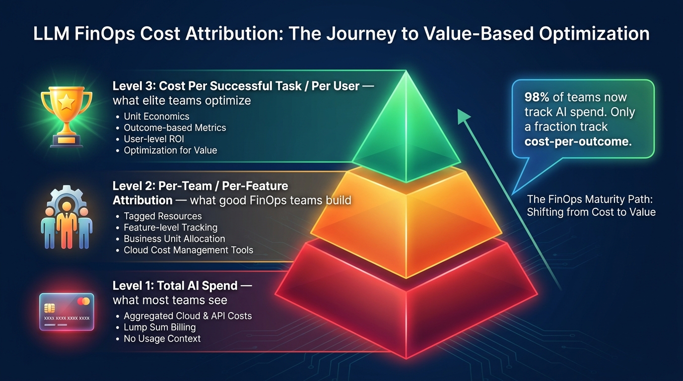 Pyramid infographic showing three levels of LLM FinOps maturity: Level 1 total AI spend tracking, Level 2 per-team and per-feature attribution, Level 3 cost-per-successful-task optimization. 98% of teams track spend but few reach Level 3.