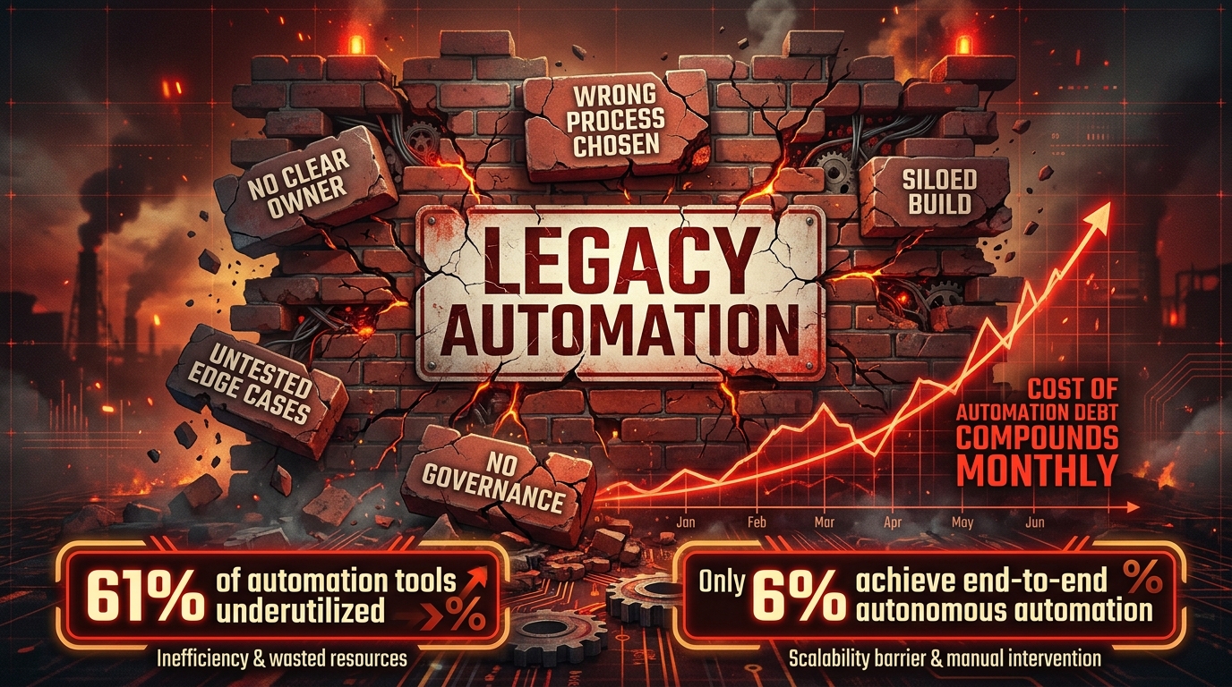 Crumbling brick wall representing automation debt with stat callouts showing 61 percent tool underutilization and only 6 percent achieving end-to-end automation