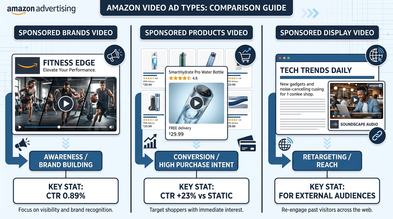 Three Amazon video ad types compared — Sponsored Brands Video, Sponsored Products Video, Sponsored Display Video