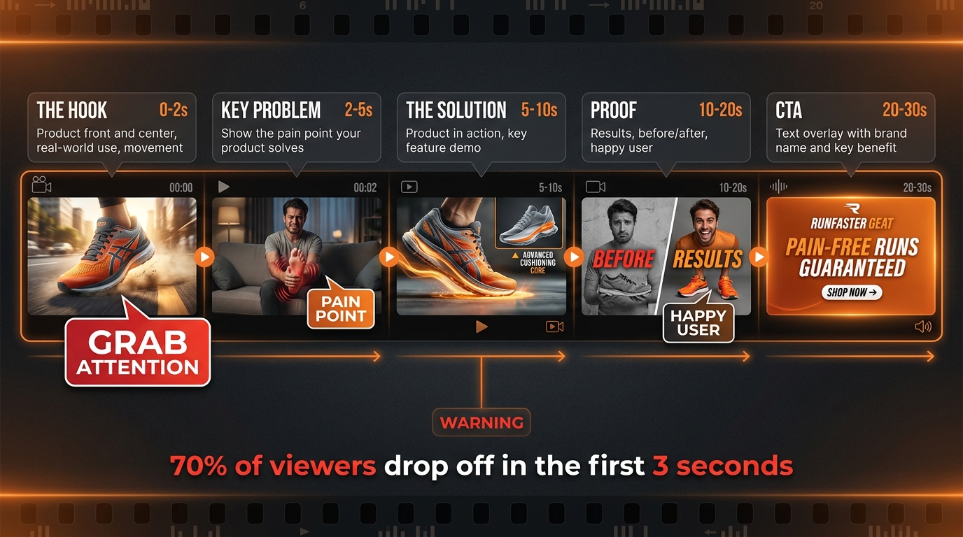 Anatomy of a perfect Amazon Sponsored Products video ad — 5-frame storyboard from hook to CTA