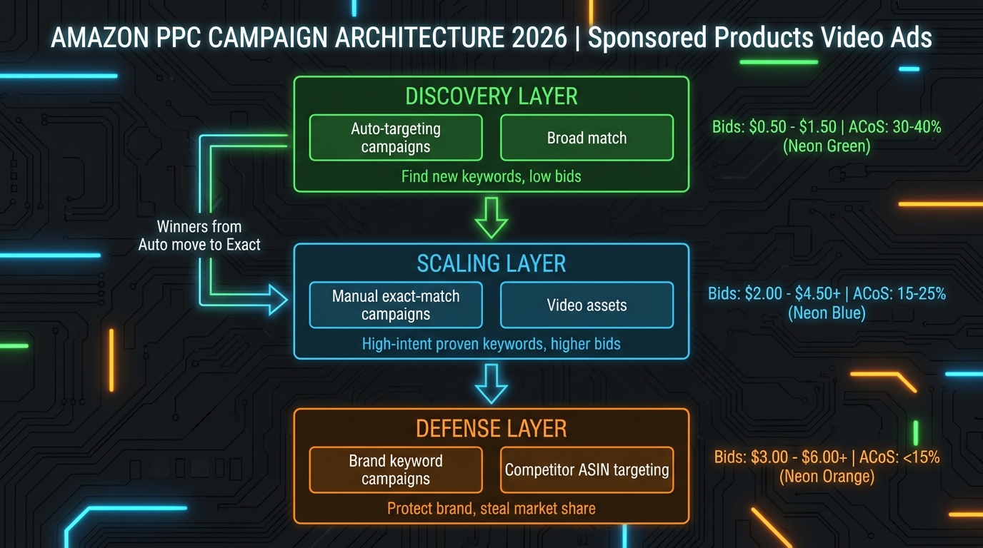 Amazon Sponsored Products Video Ads 2026 campaign architecture — discovery, scaling, and defense layers