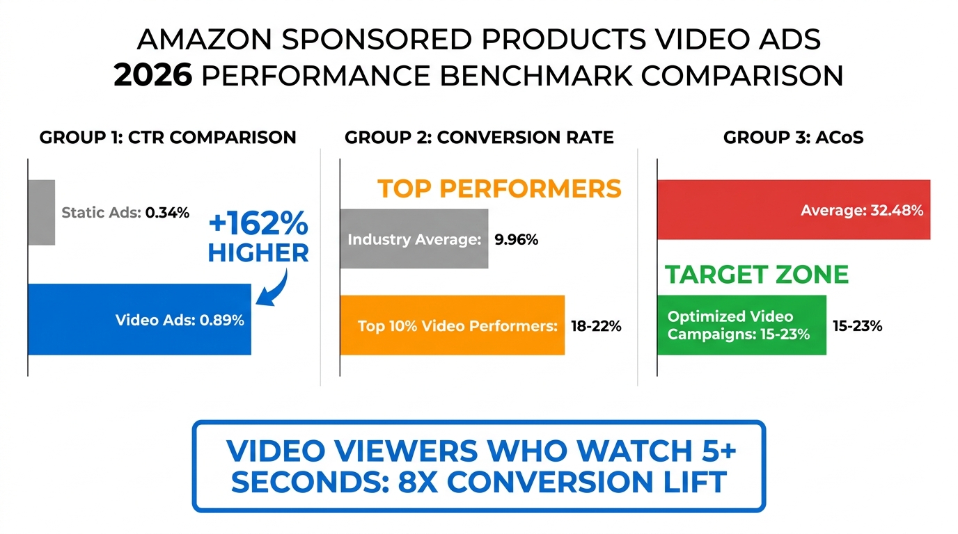 Amazon Sponsored Products Video Ads 2026 performance benchmarks — CTR, CVR, and ACoS comparison chart