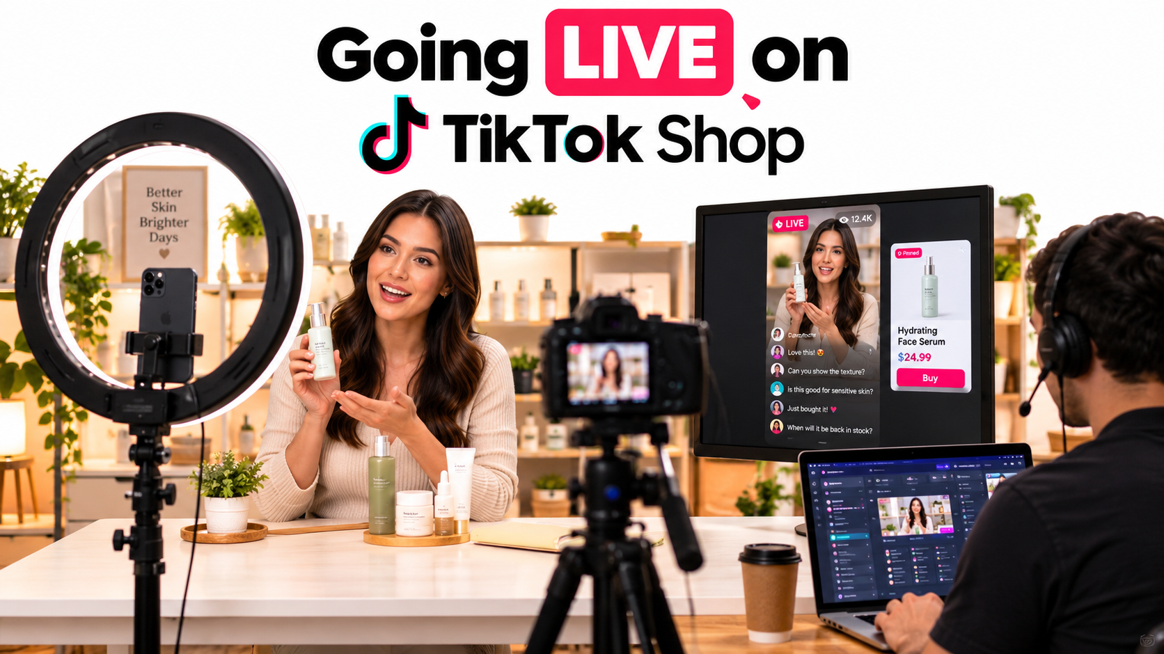 A small brand's TikTok Shop livestream studio with a host presenting a skincare product, ring light, phone on tripod, and a producer at a laptop