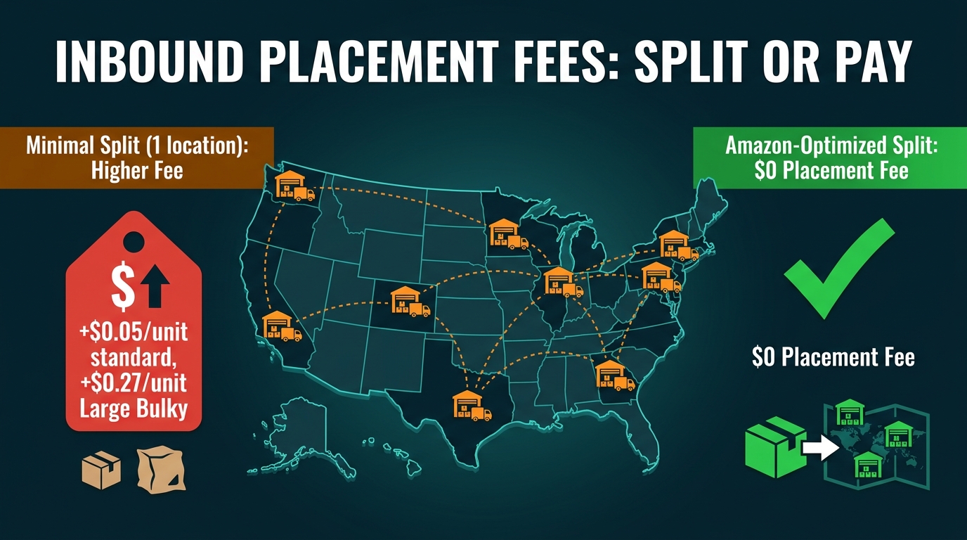 Amazon inbound placement fee structure 2026 — split or pay infographic