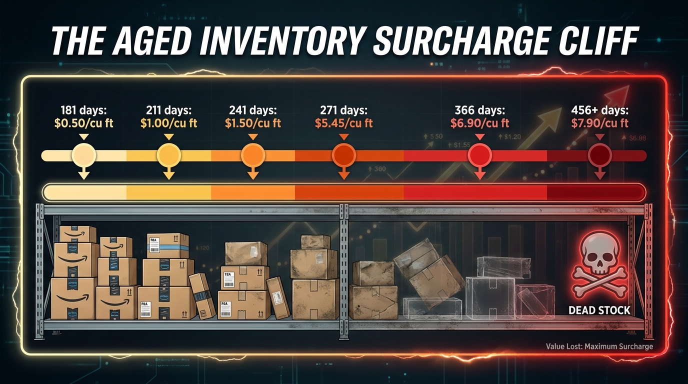 Amazon aged inventory surcharge tiers 2026 — the cliff that punishes slow SKUs