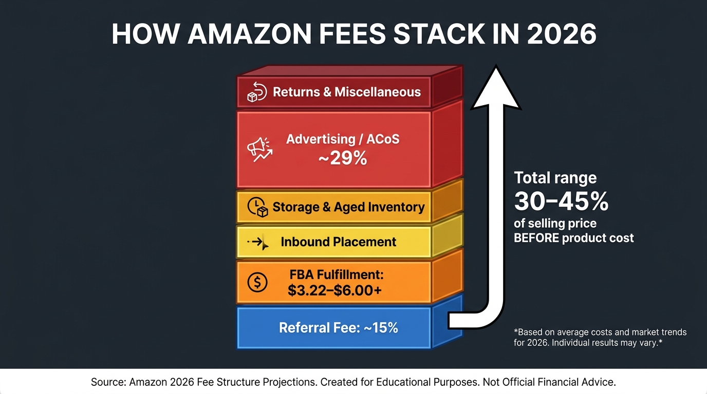 How Amazon fees stack in 2026 — total cost to sell infographic