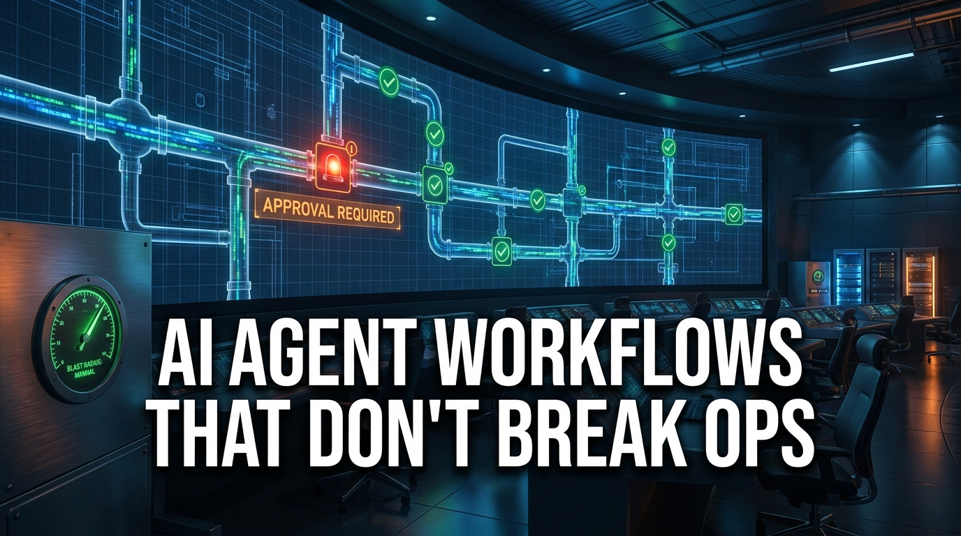 AI agent workflows that don't break ops — industrial control room metaphor with pipeline nodes, approval gates, and blast radius gauges