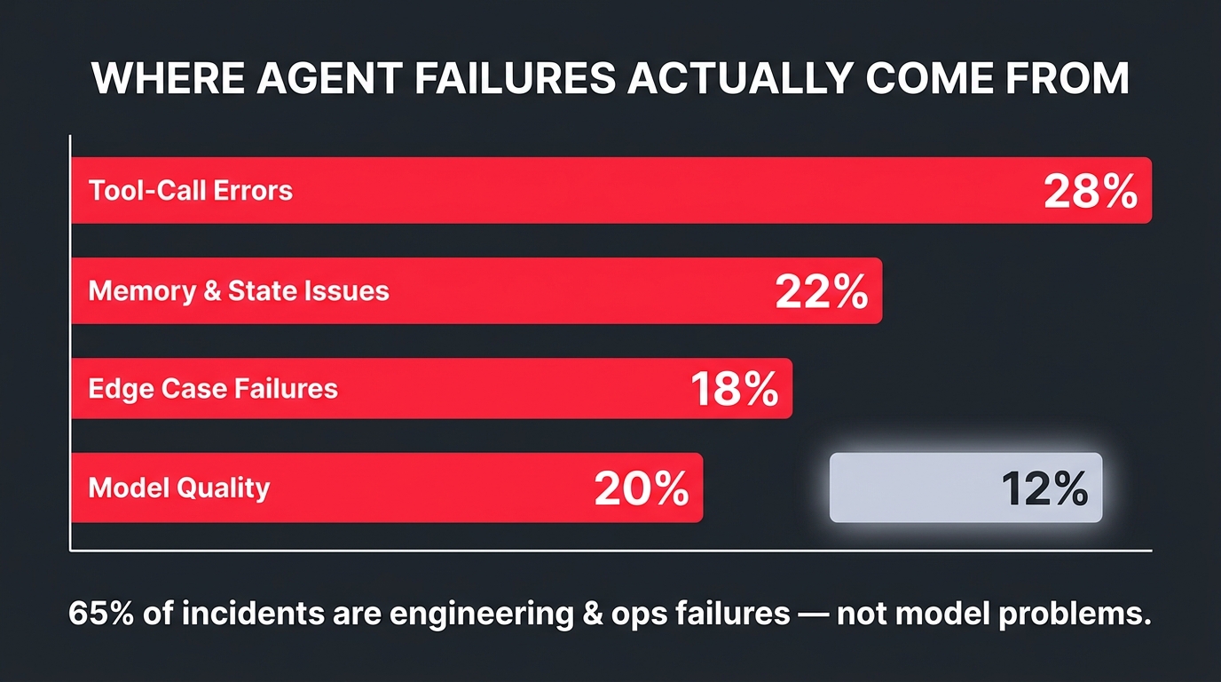 Bar chart showing where AI agent failures actually come from — tool-call errors at 28%, memory and state issues at 22%, edge case failures at 18%, versus model quality at only 12%