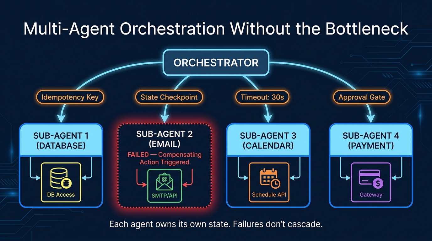 Multi-agent orchestration diagram showing a central orchestrator connected to four specialized sub-agents with idempotency keys, state checkpoints, timeouts, and approval gates — one agent showing a compensating action after failure
