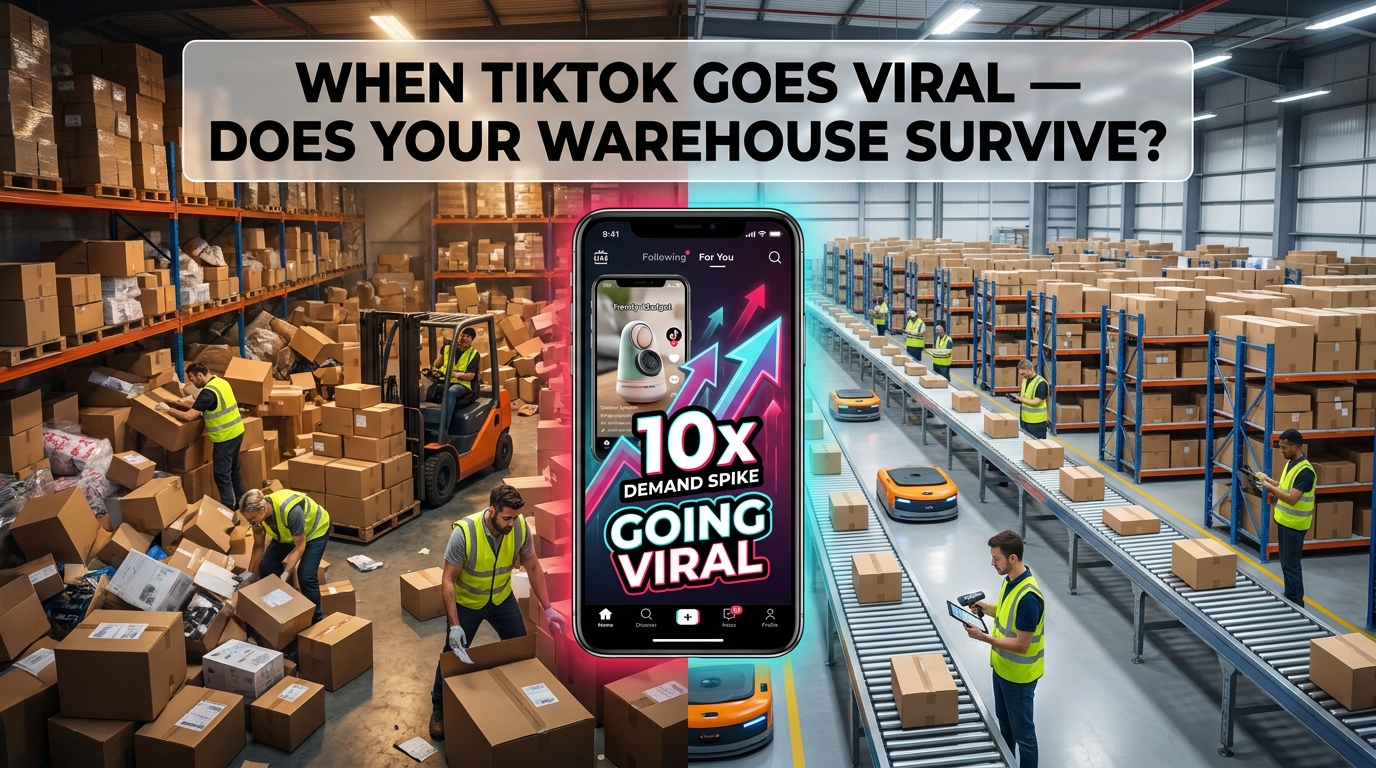 Split warehouse scene showing chaotic fulfillment on the left versus organized efficient fulfillment operations on the right during a TikTok viral demand spike