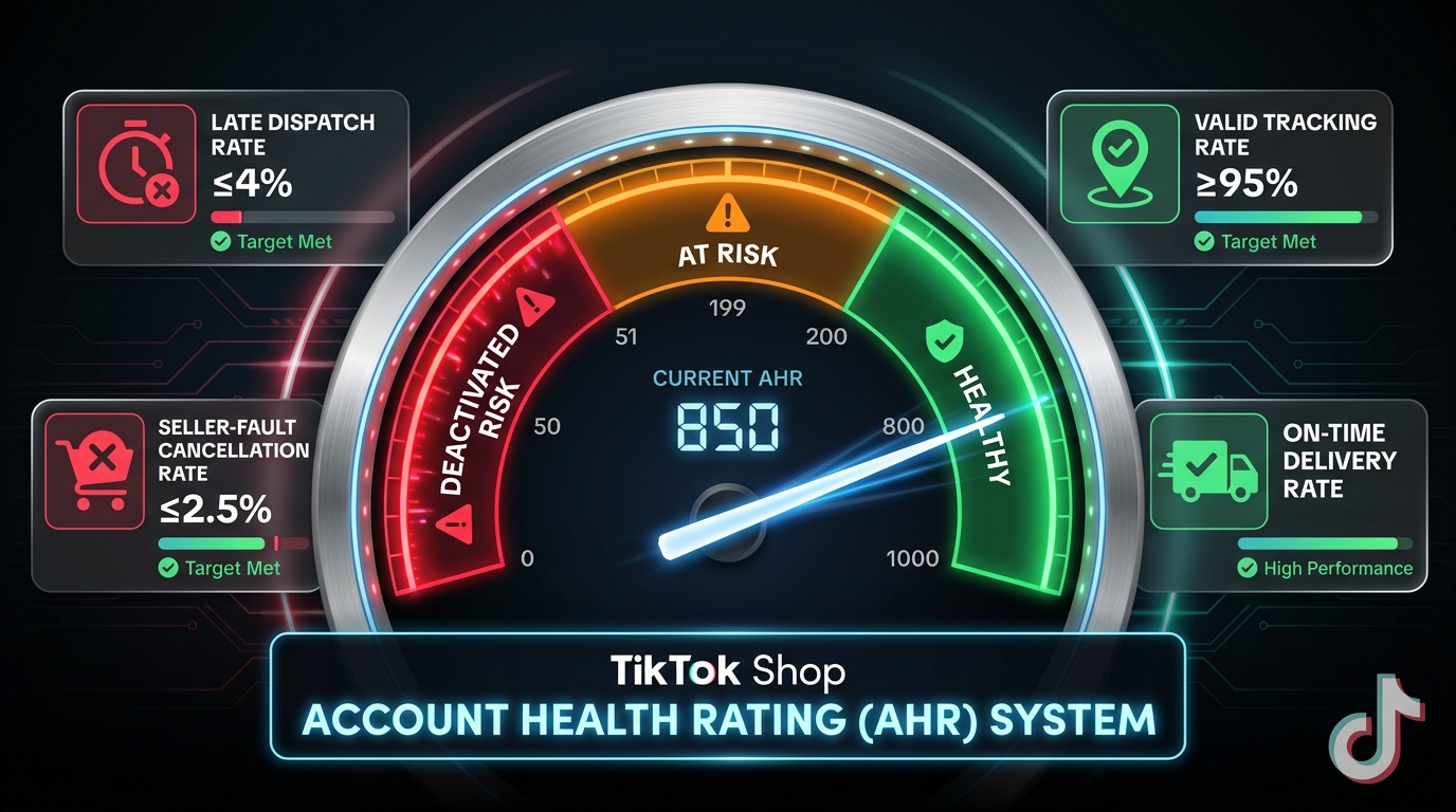 TikTok Shop Account Health Rating speedometer gauge showing green healthy zone, orange at-risk zone, and red deactivation risk zone with the four core fulfillment KPI metrics
