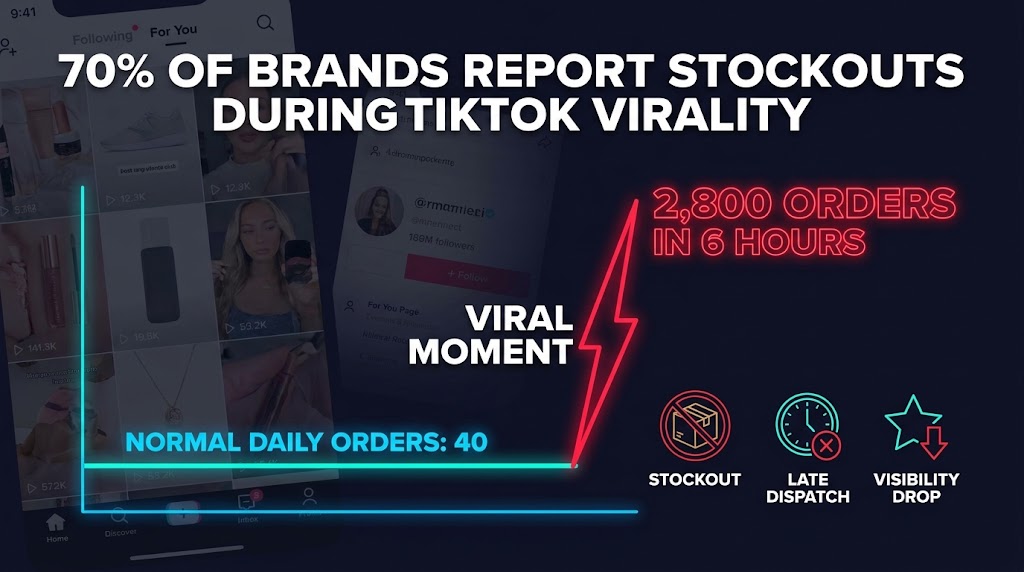 Line graph showing TikTok viral demand spike from 40 normal daily orders exploding to 2800 orders in 6 hours with stockout, late dispatch and visibility drop warning indicators