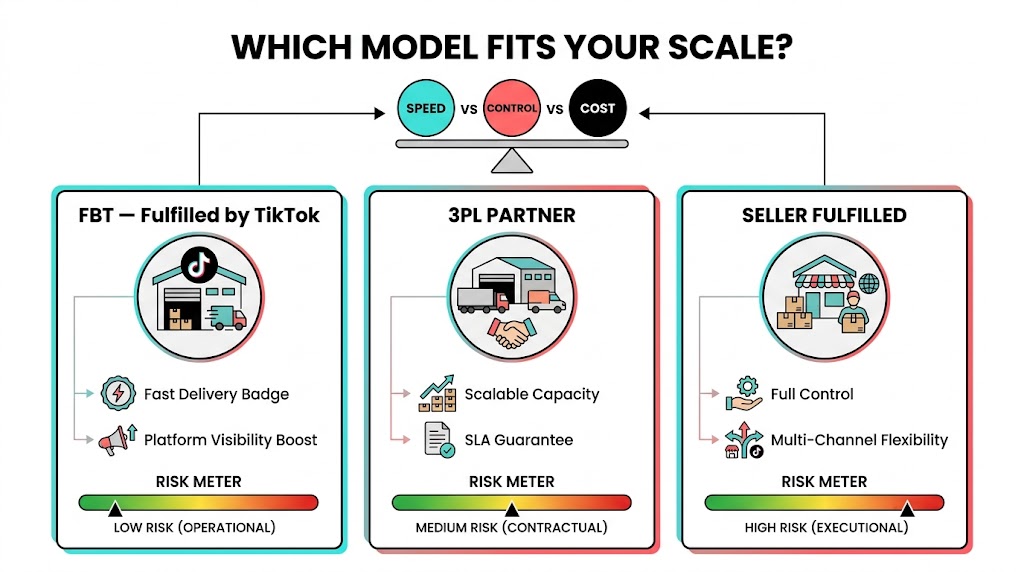 Three-panel comparison infographic showing Fulfilled by TikTok FBT vs Seller Fulfilled vs 3PL Partner fulfillment models with pros, cons, and risk meters for TikTok Shop brands