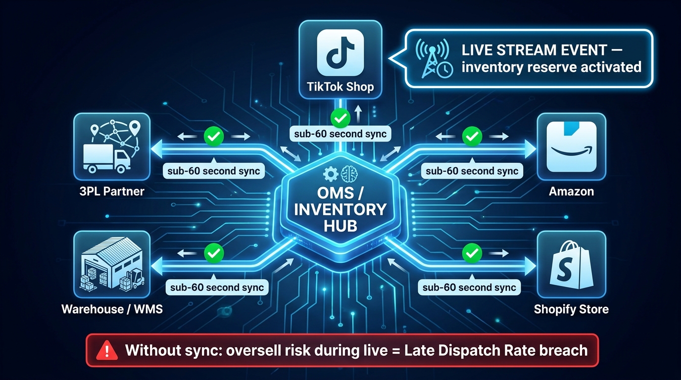 Technical architecture diagram of multi-channel inventory synchronization hub connecting TikTok Shop, Amazon, Shopify, WMS and 3PL with sub-60 second sync and live stream inventory reserve callout