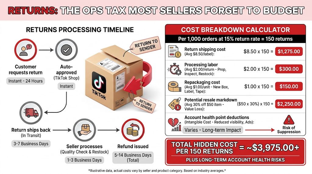 Infographic showing TikTok Shop returns cost breakdown per 1000 orders at 15 percent return rate with processing timeline and hidden financial costs including shipping labor repackaging and account health impacts