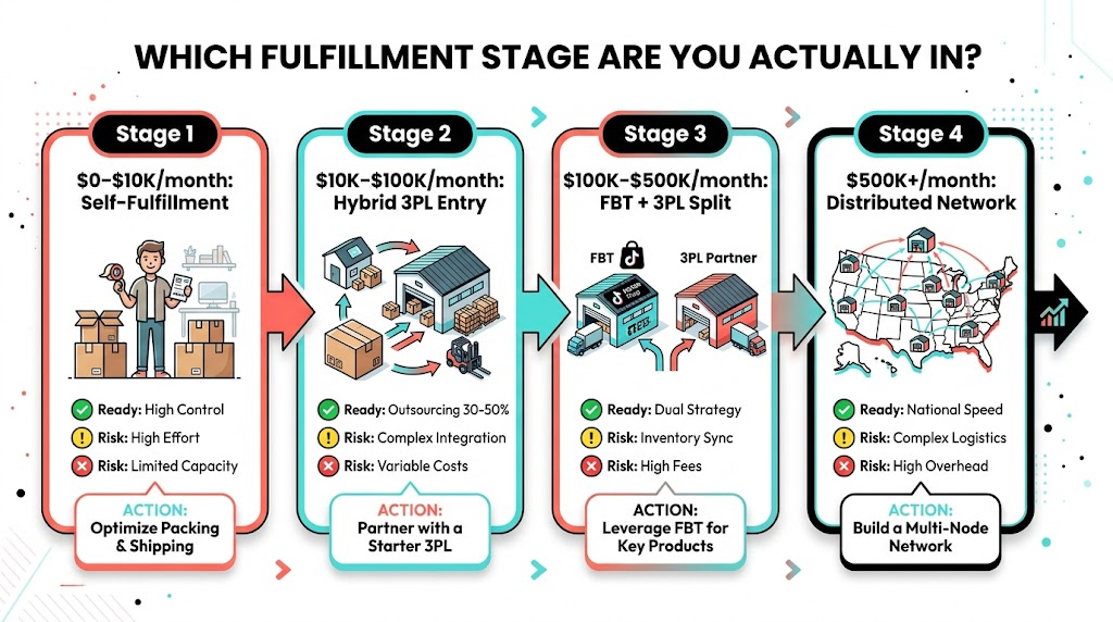 TikTok Shop fulfillment scaling roadmap showing four stages from self-fulfillment at dollar 0-10K through hybrid 3PL entry, FBT plus 3PL split, to distributed network at 500K plus monthly