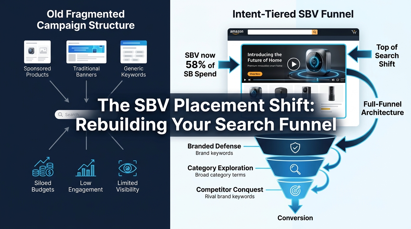 Amazon SBV placement shift infographic showing the move to full-funnel intent-tiered campaign architecture