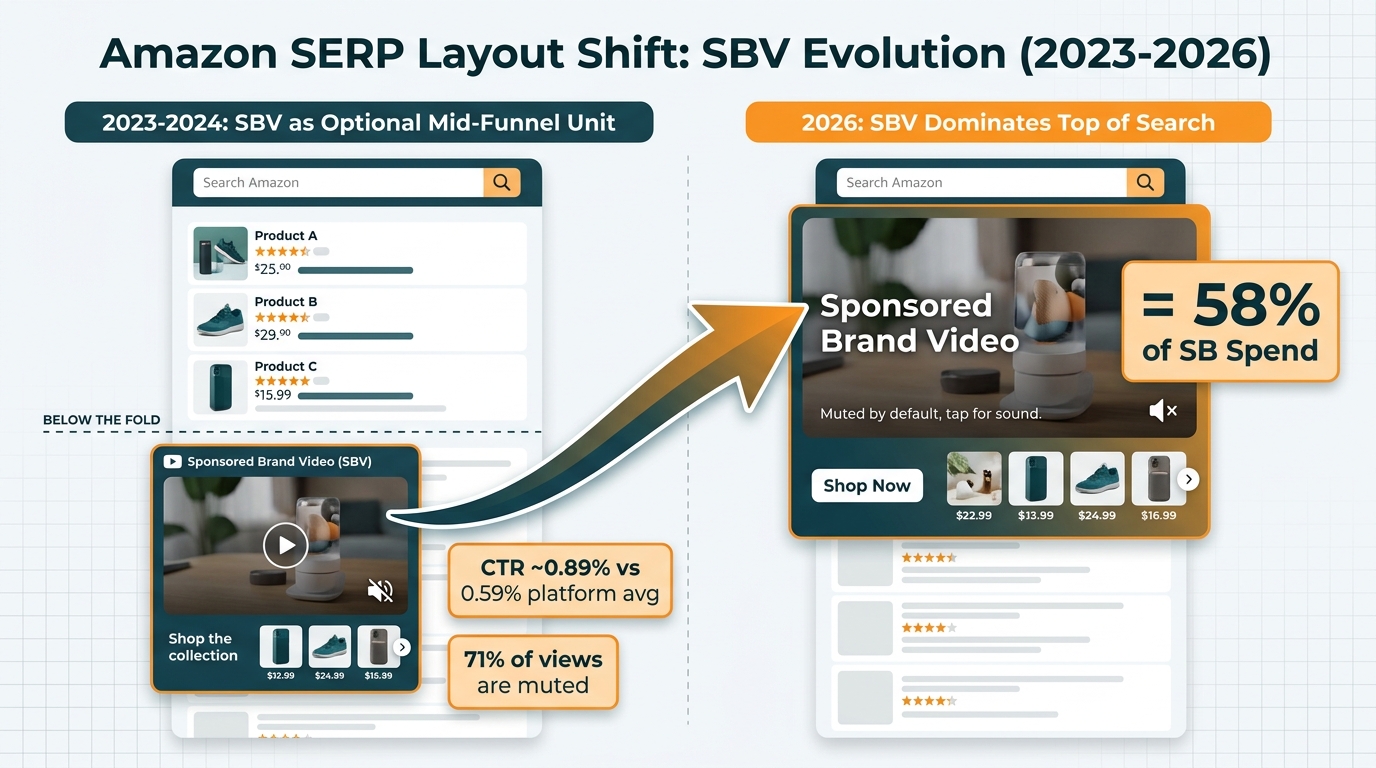 Before and after comparison of Amazon SERP layout showing SBV shift from optional mid-funnel unit to dominant top-of-search placement in 2026