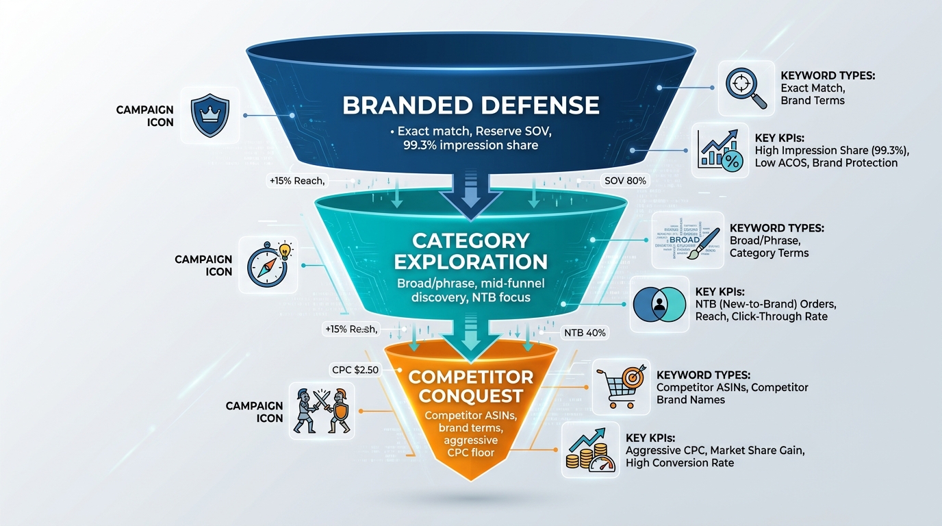 Three-tier SBV campaign architecture funnel showing branded defense, category exploration, and competitor conquest tiers with KPIs
