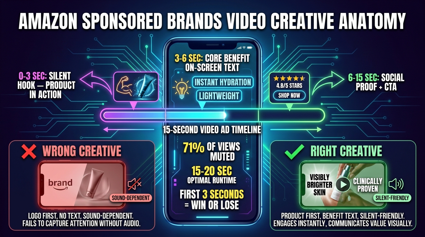 Amazon SBV video creative anatomy showing the optimal 15-second structure with silent hook, benefit text, and CTA timeline breakdown
