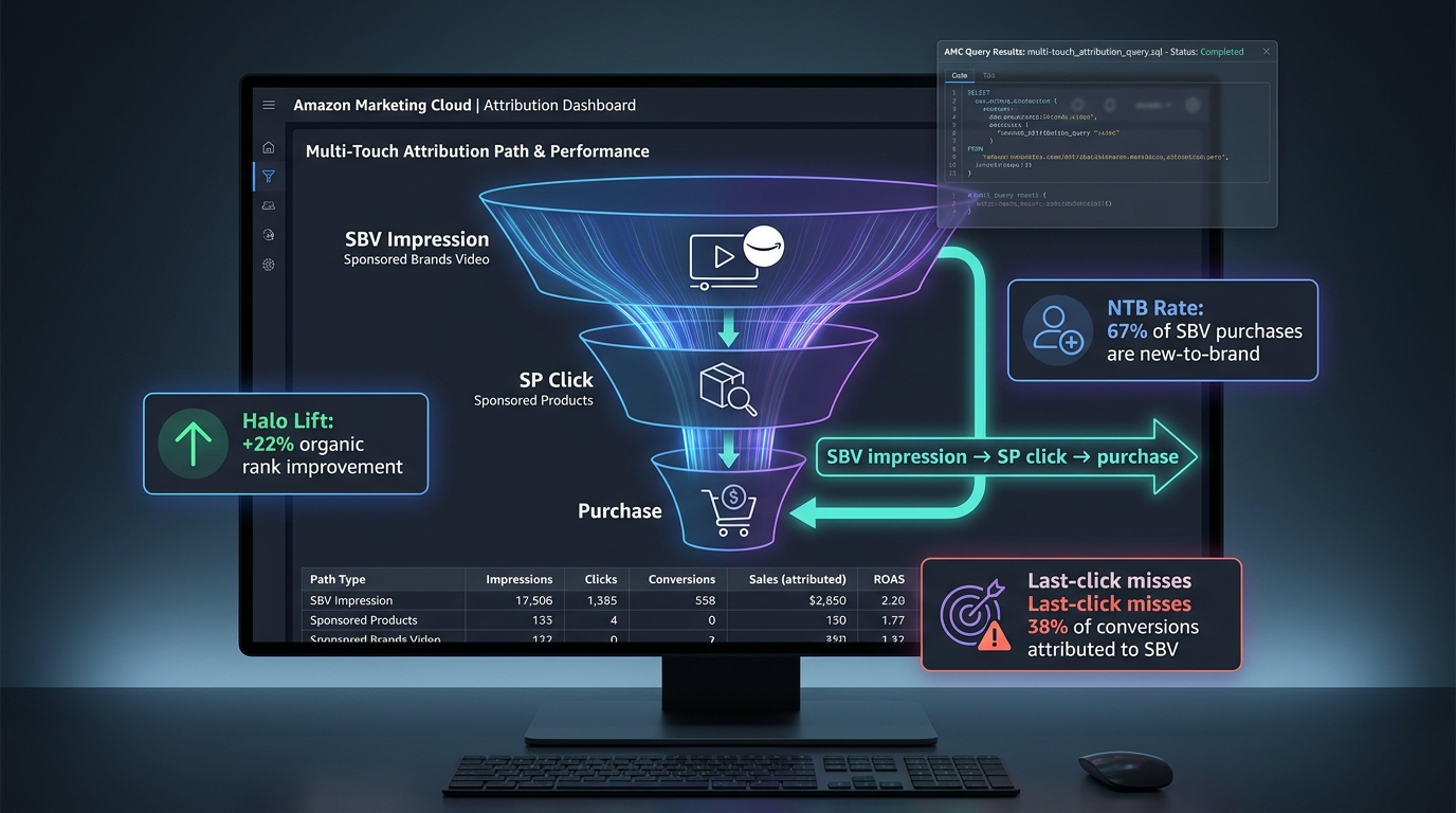 Amazon Marketing Cloud attribution dashboard showing SBV multi-touch funnel paths with halo lift and new-to-brand rate data