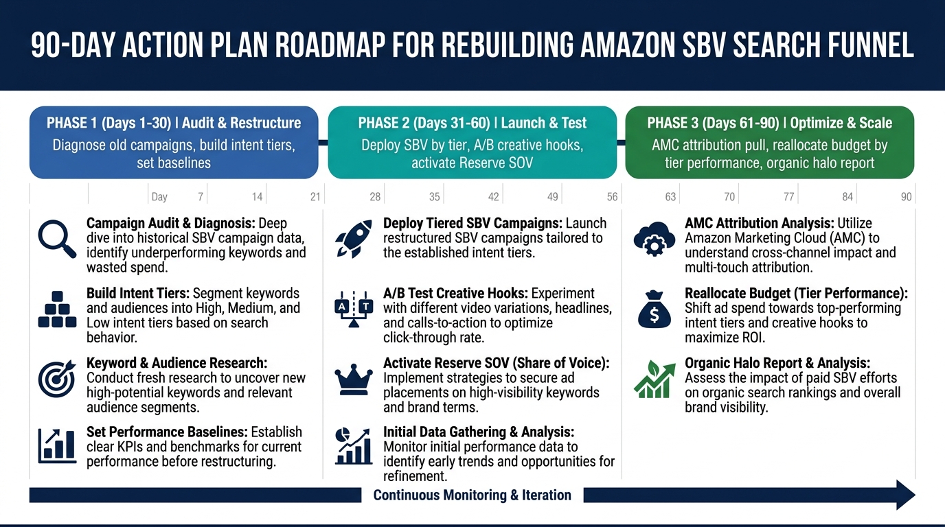 90-day phased action plan roadmap for rebuilding Amazon SBV search funnel with three phases: audit, launch, and optimize