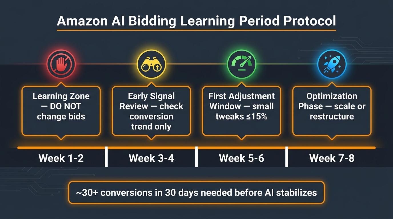 Amazon AI bidding learning period 8-week timeline showing optimal intervention points and what not to do in weeks 1 and 2