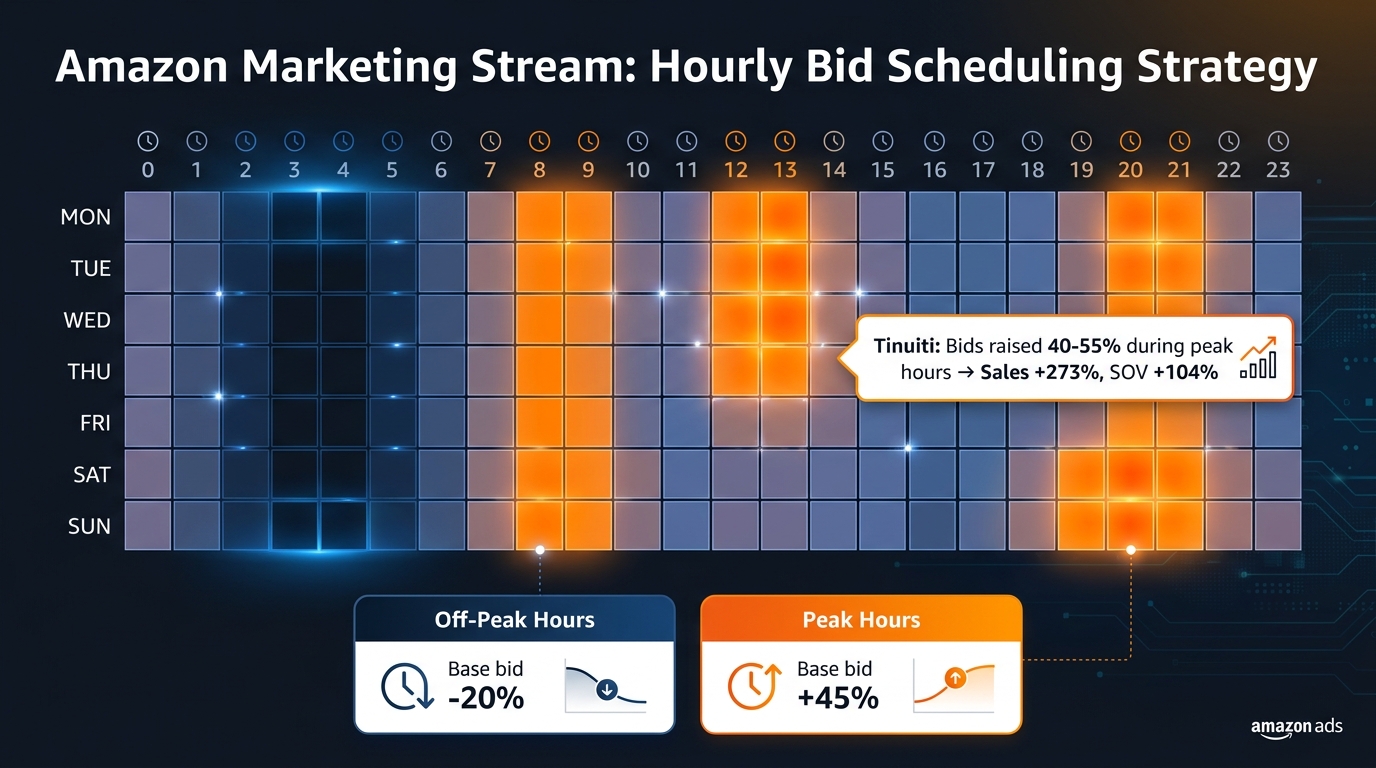 Amazon Marketing Stream hourly bid scheduling heatmap showing peak and off-peak conversion windows with Tinuiti case study results