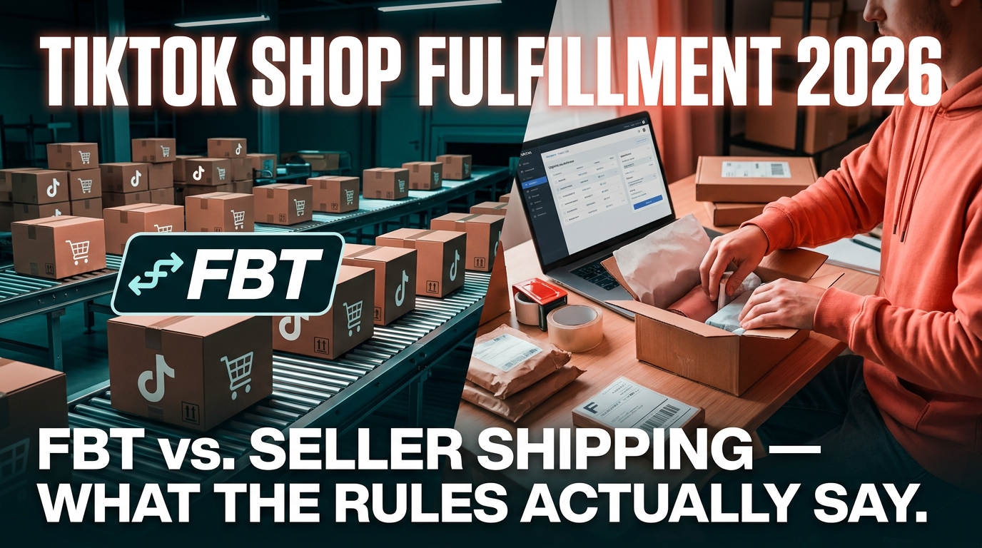TikTok Shop fulfillment 2026 — FBT vs Seller Shipping split-screen warehouse and home seller comparison